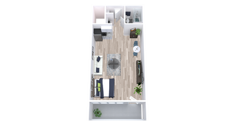 A top-down view of a small apartment with a kitchen, living room, and bathroom.